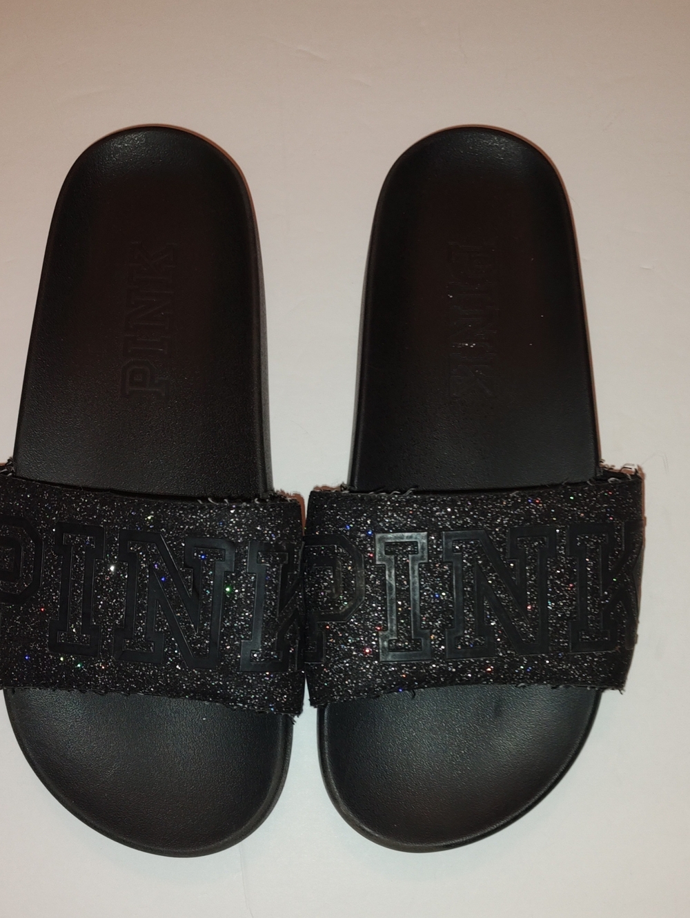 Pink Victoria Secret Black Glitter Slides Size 7 And A Half 8 Medium